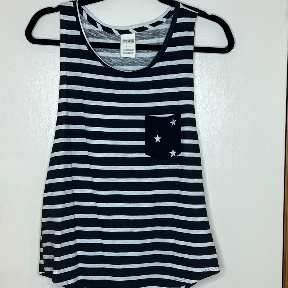 Small PINK Victorias Secret Black White Striped Tank w Pocket